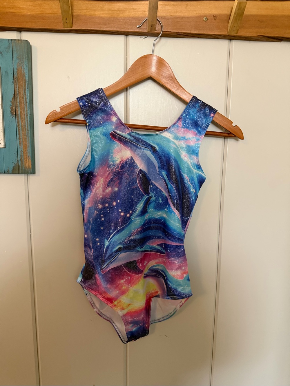 Girls Size 8/10 Galaxy Dolphin Gymnastics Leotard Shimmer Cosmic Print